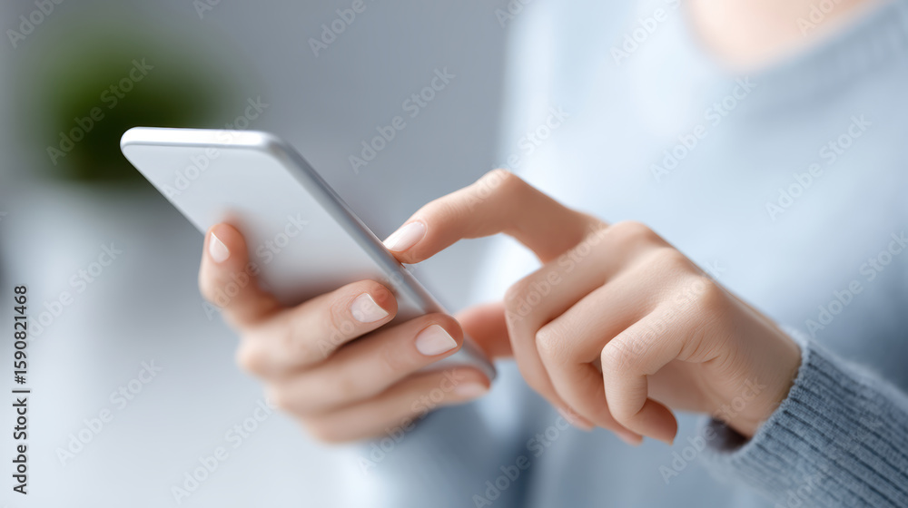 Focused woman hand touching smartphone screen for gamified learning app experience. Engaging with modern mobile technology Focused woman hand touching smartphone screen for gamified learning app experience. Engaging with modern mobile technology