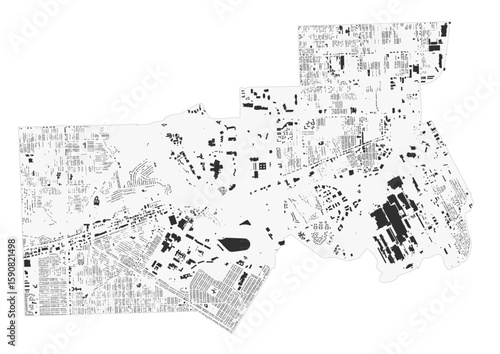 Detailed vector map highlighting building footprints in Dearborn, MI.