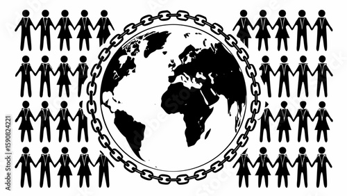 Global connection with linked people around the world and chain encircling the earth symbol concept silhouette