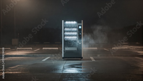 A lone vending machine stands in a desolate, empty parking lot at night, shrouded in mist, creating an eerie and mysterious atmosphere.