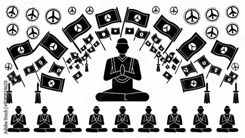 Black and white illustration of monks meditating with flags and peace symbols in a patterned arrangement silhouette