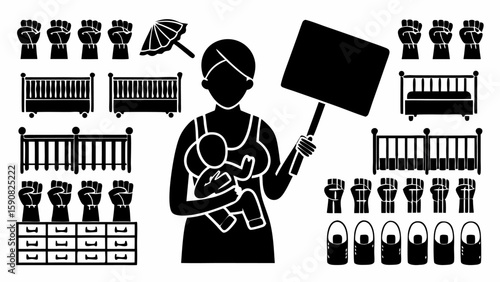 Illustration featuring a breastfeeding mother with a sign amidst symbols of protest and childcare items silhouette
