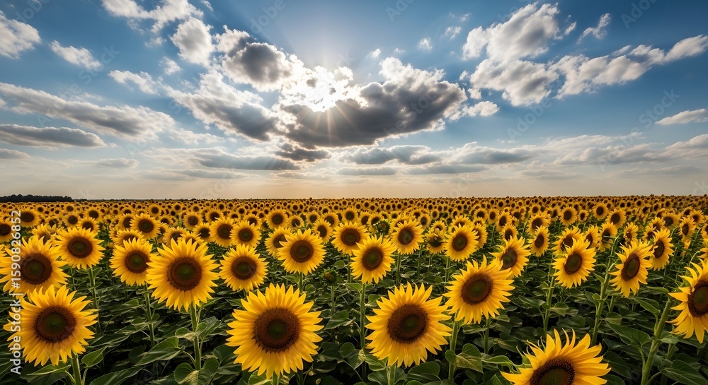Obraz premium Sunflower Field Blossom, Nature Photography, Open Landscape, Bright Sky, Summer Vibes, Scenic View, Floral Beauty