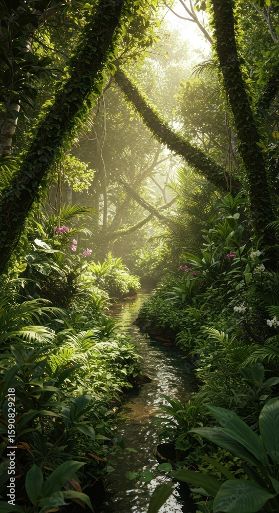 Fototapeta premium Lush Tropical Rainforest Stream Surrounded by Green Foliage with Sunlight Filtering Through Trees