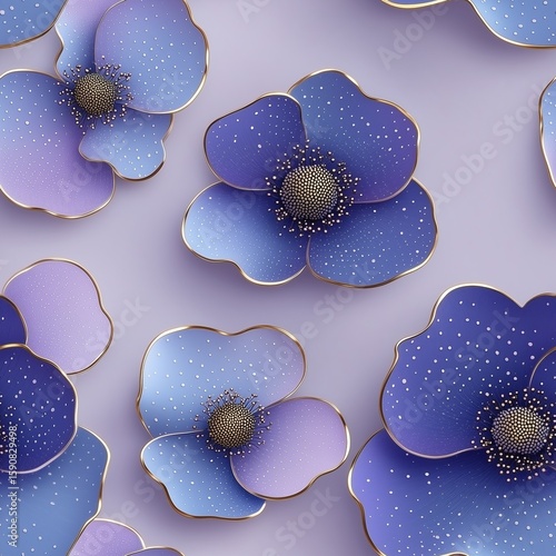 3D render seamless pattern of large blue and purple fantasy flowers with golden outlines and textured petals with small dots, on a soft lavender background.