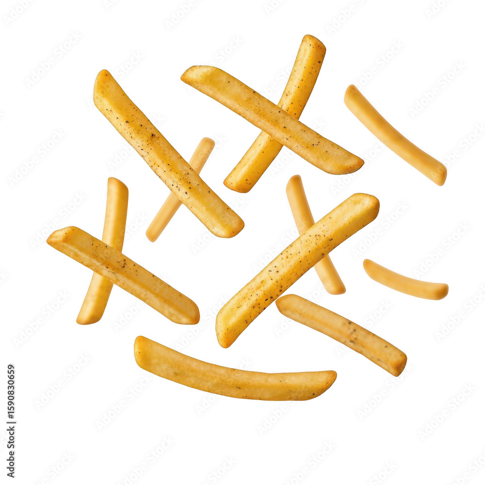 Golden french fries with pepper seasoning scattered in a dynamic arrangement isolated on transparent background Golden french fries with pepper seasoning scattered in a dynamic arrangement isolated on transparent background
