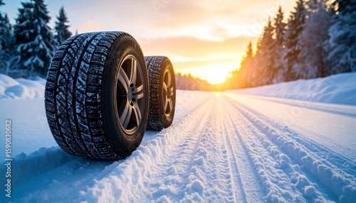 Winter tires on a snowy road at sunset