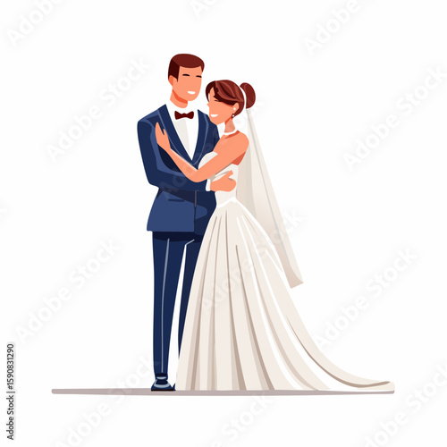 Elegant flat vector of bride and groom hugging, full-body view, groom in classic tuxedo and bride with updo and pearl accessories, plain white background