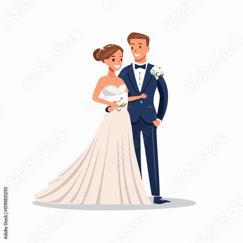 Elegant flat vector of bride and groom hugging, full-body view, groom in classic tuxedo and bride with updo and pearl accessories, plain white background