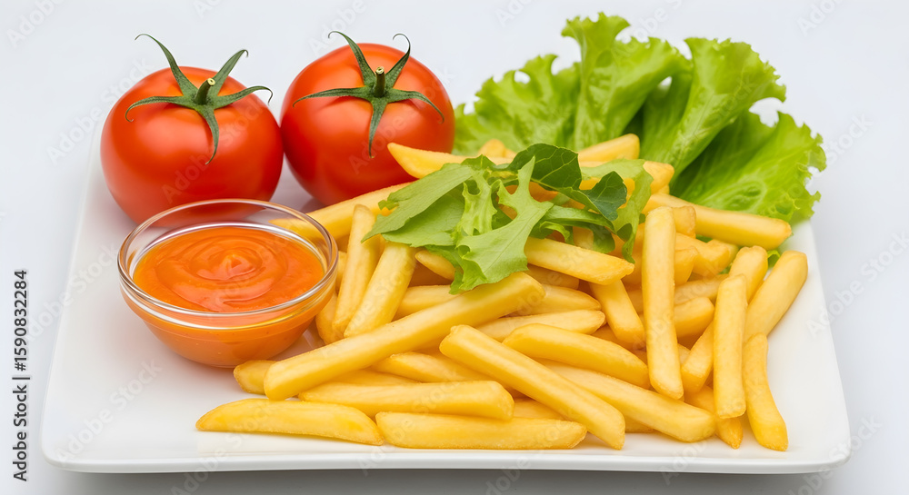 Crispy golden french fries served with fresh tomatoes, lettuce, and a side of ketchup on a white plate, perfect for fast food advertising and culinary themes. Crispy golden french fries served with fresh tomatoes, lettuce, and a side of ketchup on a white plate, perfect for fast food advertising and culinary themes.