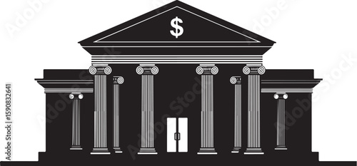 Sleek Silhouette of a Classical Bank Building with a Prominent Dollar Sign Representing Financial Security and Stability Portraying Trust and Economic Strength in Monochrome