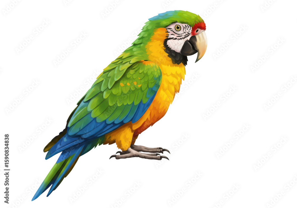 Fototapeta premium A colorful macaw parrot with green, yellow, and blue feathers is isolated on transparent background
