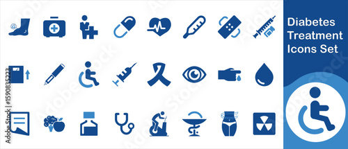 Diabetes treatment icon set, measurement, person, information, medicine, fresh, infographic, education, administration, equipment, symbol, healthcare, awareness, pen, chronic, monitoring and more