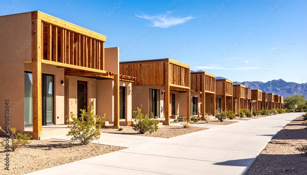 Obraz premium Row of tan stucco houses with wooden balconies. Desert landscape