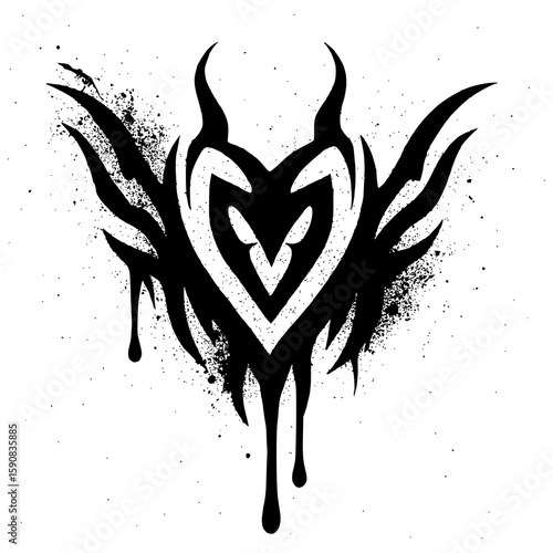 Abstract black tribal winged heart with horns and paint splatter texture isolated