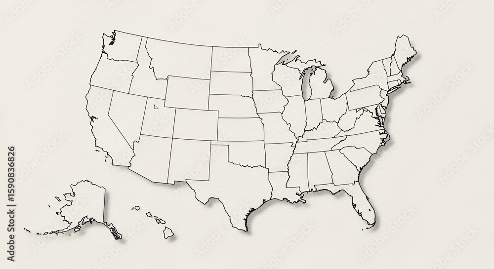 Fototapeta premium United States Map Outline with Drop Shadow on Textured Cream Background