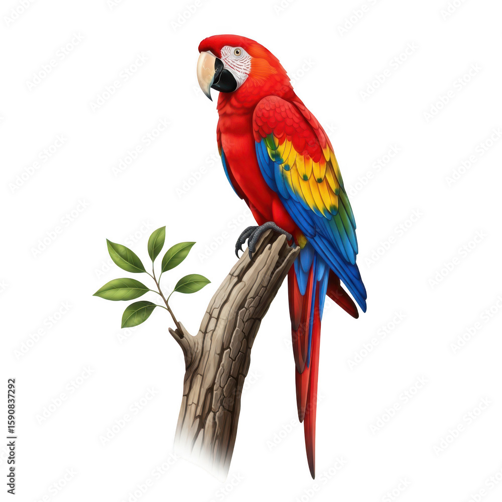 Obraz premium Scarlet macaw parrot illustration, vibrant red tropical bird perched on a branch, colorful exotic wildlife art isolated on white background