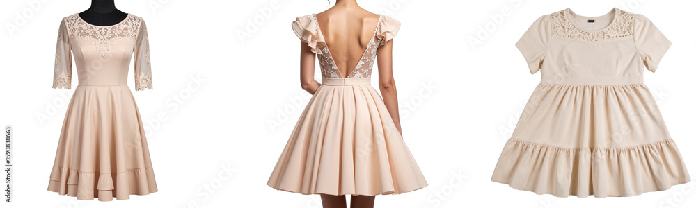 Fototapeta premium Set Beige Lace and Ruffle Mini Dress Folded in Flat Lay, Top-Down Composition, isolated on transparent background PNG