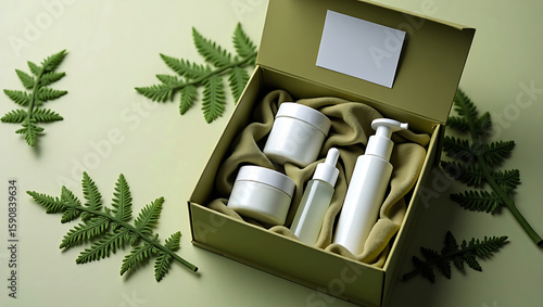 Luxury skincare gift set with white bottles and jars nestled in soft fabric inside a green box with fern leaves