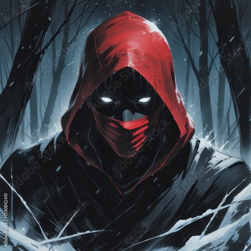 Mysterious dark fantasy assassin character in red hood and mask with glowing eyes standing in snowy forest