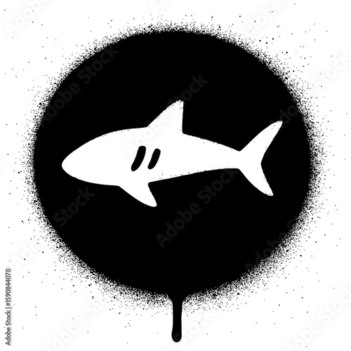 Minimalist White Shark Icon in Black Graffiti Spray Paint Circle