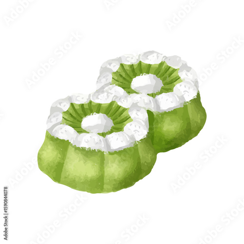 vector illustration of traditional Indonesian dessert "Kue Putu" — steamed rice cake with palm sugar filling and grated coconut. Ideal for cultural food and nostalgic design themes
