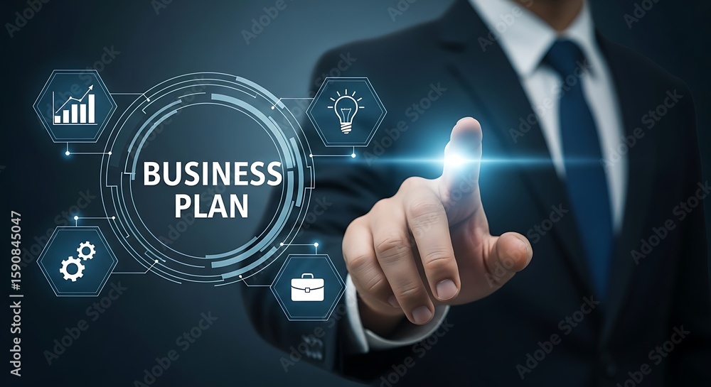 Businessman touching digital business plan strategy Businessman touching digital business plan strategy