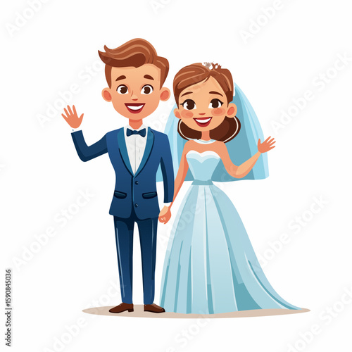 Cute cartoon vector of a newlywed couple waving, groom in blue suit, bride in puff-sleeve gown, standing together on a white background
