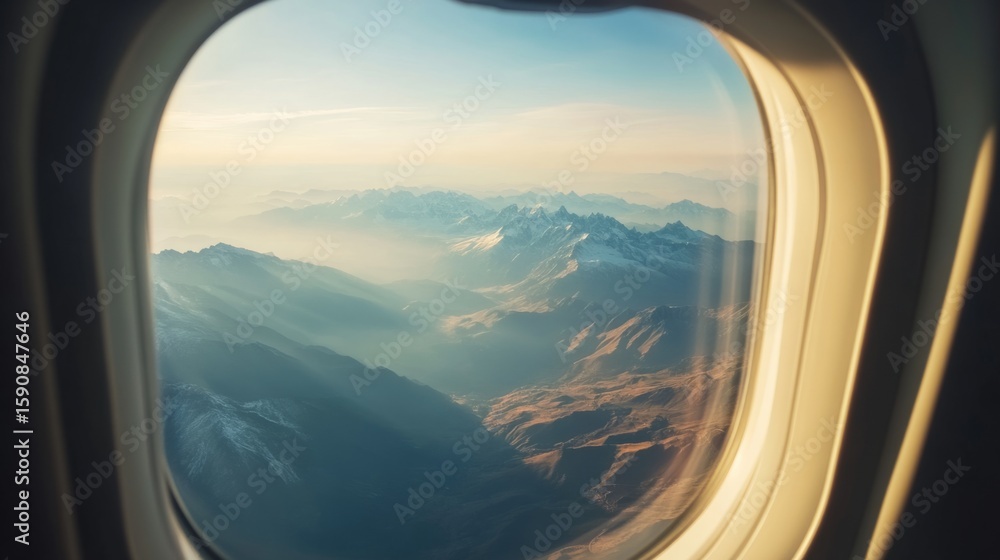 Fototapeta premium airplane window with reflection of mountain landscape, immersive travel experience generative ai