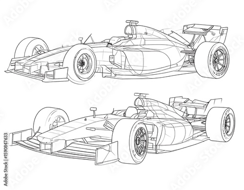 Two F1 racing cars, wireframe style
