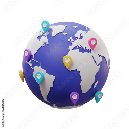 World globe with location pins 3d style, isolated on a transparent background, isolated on transparent background
