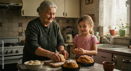 Wallpaper Mural An elderly woman teaches her young granddaughter how to bake, kneading dough together in a warm kitchen. Torontodigital.ca
