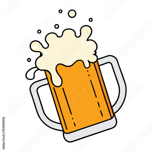 A frothy beer mug overflows with golden brew, captured mid-splash, as bubbles rise and liquid arcs—perfectly frozen in a moment of refreshing celebration.
