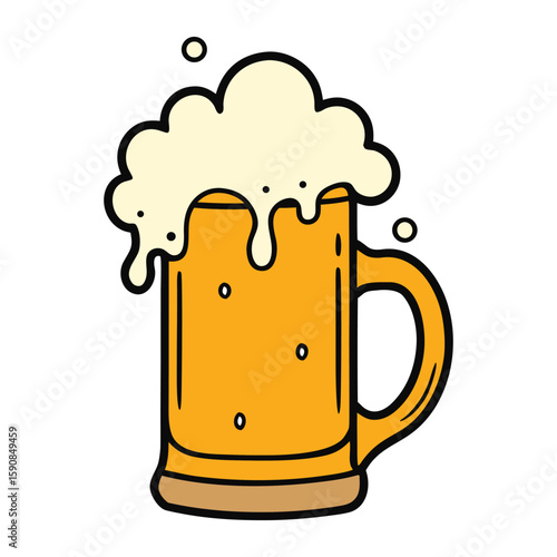 A frothy beer mug overflows with golden brew, captured mid-splash, as bubbles rise and liquid arcs—perfectly frozen in a moment of refreshing celebration.
