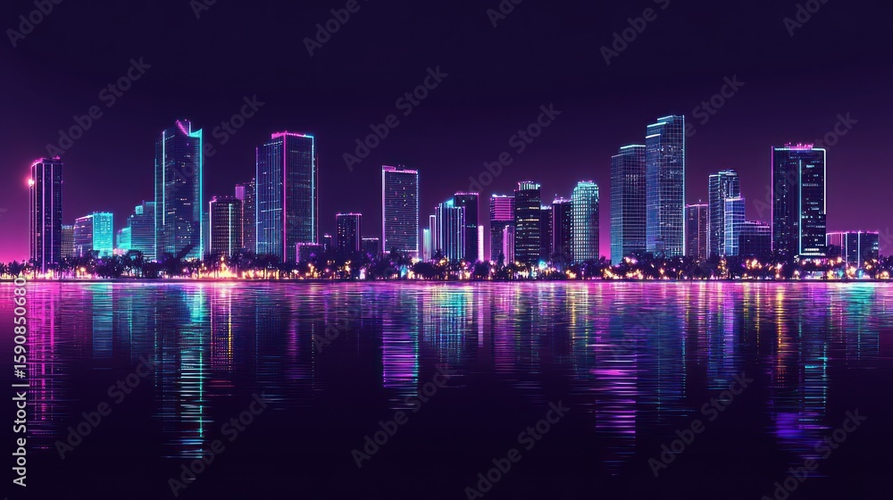 Fototapeta premium Night city skyline, vibrant neon lights reflected on water