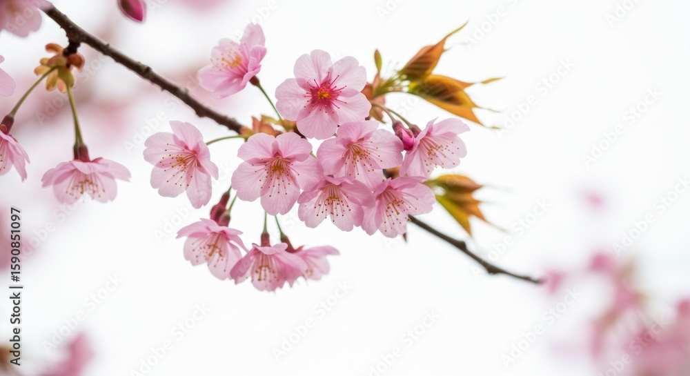 Pink Cherry Blossom Flowers on Branch in Bloom Against White Sky Pink Cherry Blossom Flowers on Branch in Bloom Against White Sky