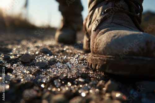 Close-up of a dirt-covered boot stepping on a gravel path with sunlight reflecting off the stones.