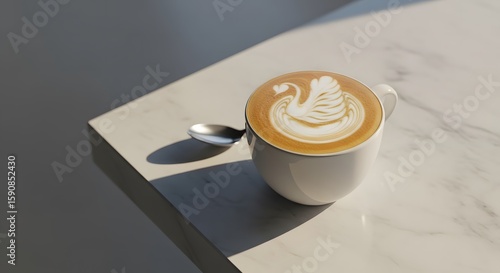Fototapeta Naklejka Na Ścianę i Meble -  White Ceramic Coffee Cup with Swan Latte Art on Marble Surface in Sunlight