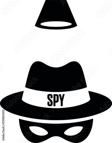 Classic spy wearing a fedora hat and mask with the word spy silhouette