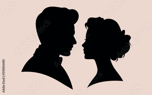 Elegant couple gazing at each other in a classic black silhouette style