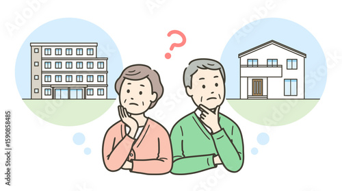 老後にマンション及び老人ホームへの入居か一軒家かで悩む高齢者夫婦
