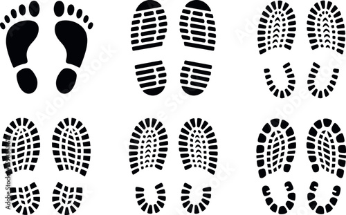 Collection of diverse black footprint and shoe print silhouettes on white background