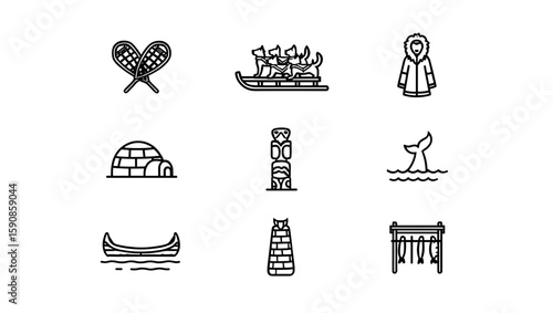 Outline drawings depicting nine arctic related icons arranged in a grid formation neatly displayed