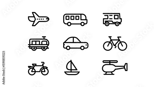 Collection of nine transportation icons including airplane bus tuktuk tram car bicycle sailboat helicopter
