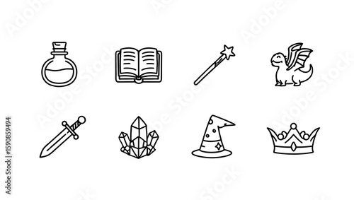 Collection of fantasy themed outline icons featuring magic items and mythical creatures drawn in vector style