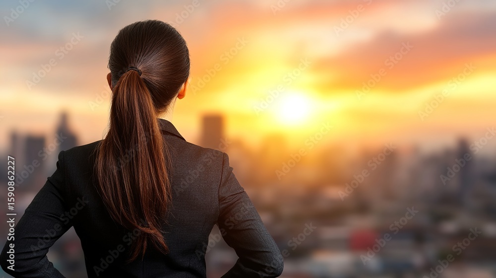 Fototapeta premium Business Woman Watching Sunset Over City Skyline at Dusk
