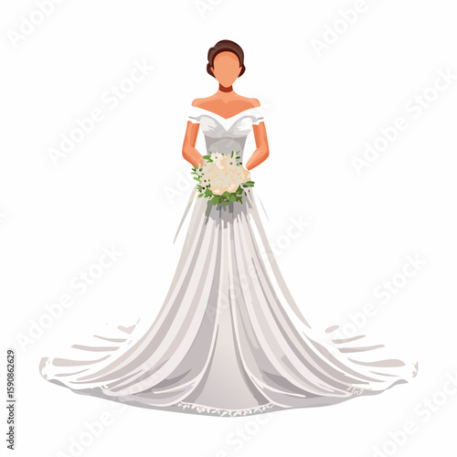 Faceless full-body vector of a bride wearing an elegant off-shoulder lace dress, hands gently holding a flower bouquet, white background