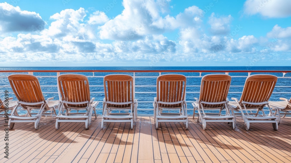 Fototapeta premium Lounge chairs lined up facing the ocean, a cruise-like tranquility and order concept. generative ai