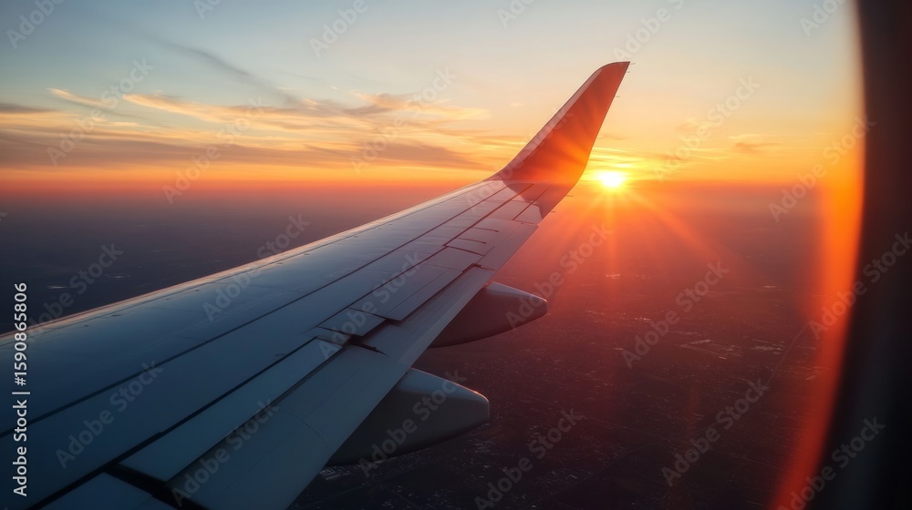 Fototapeta premium person looking out the airplane window, the sunset glow reflecting off the wing, generative ai