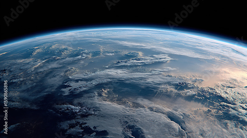 Earth horizon glowing with atmosphere and layered clouds from space